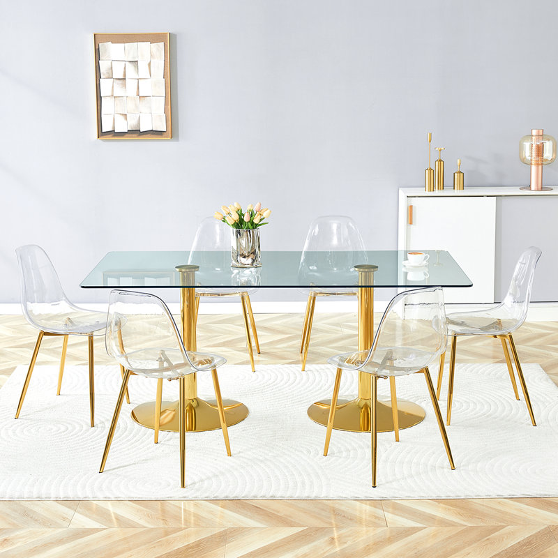 Ensemble de table de salle à manger 71 ", ensemble de table de salle à manger moderne avec plateau en verre et base ronde en or