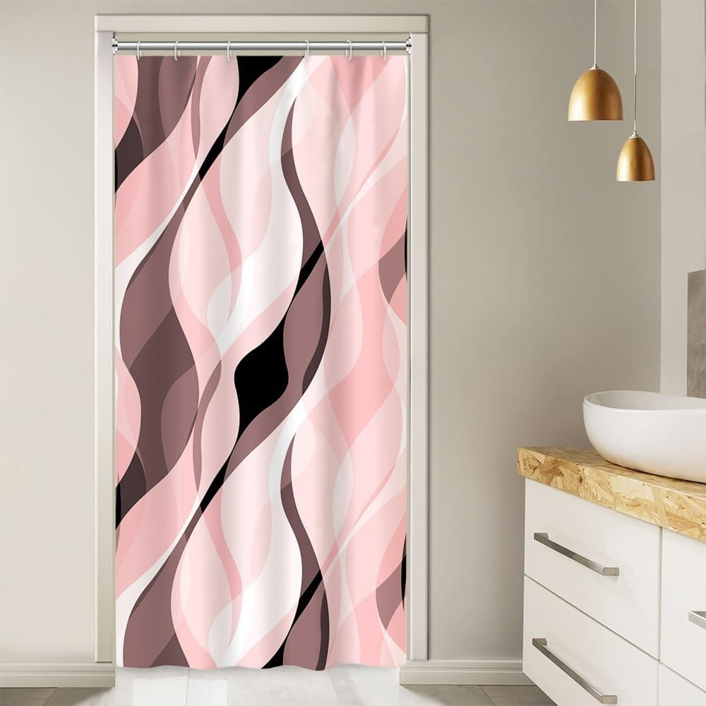 Pink Pack of 1 Modern Abstract Black and Grey Striped Shower Curtain Set with Hooks