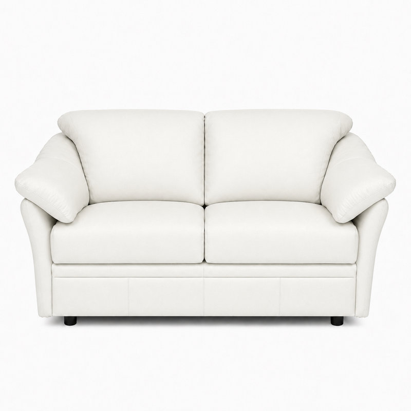 Ramdev Top Grain Leather Loveseat with Top Pillow Arm in White Color, White Genuine Leather, Loveseat