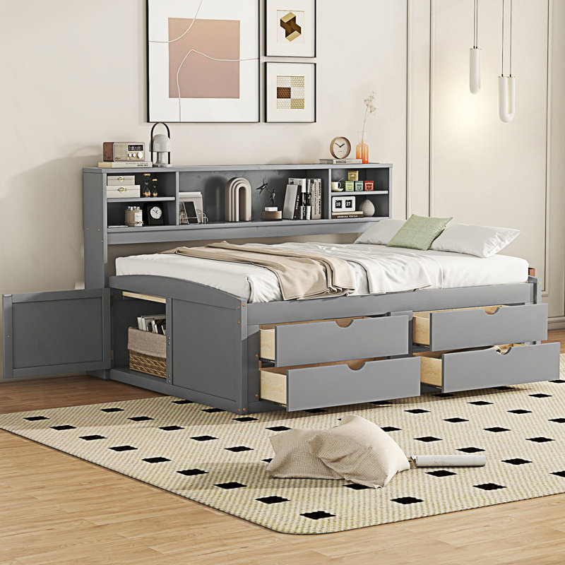 Modern Style Full Size Daybed With 2 Bedside Cabinets And 4 Drawers, Gray
