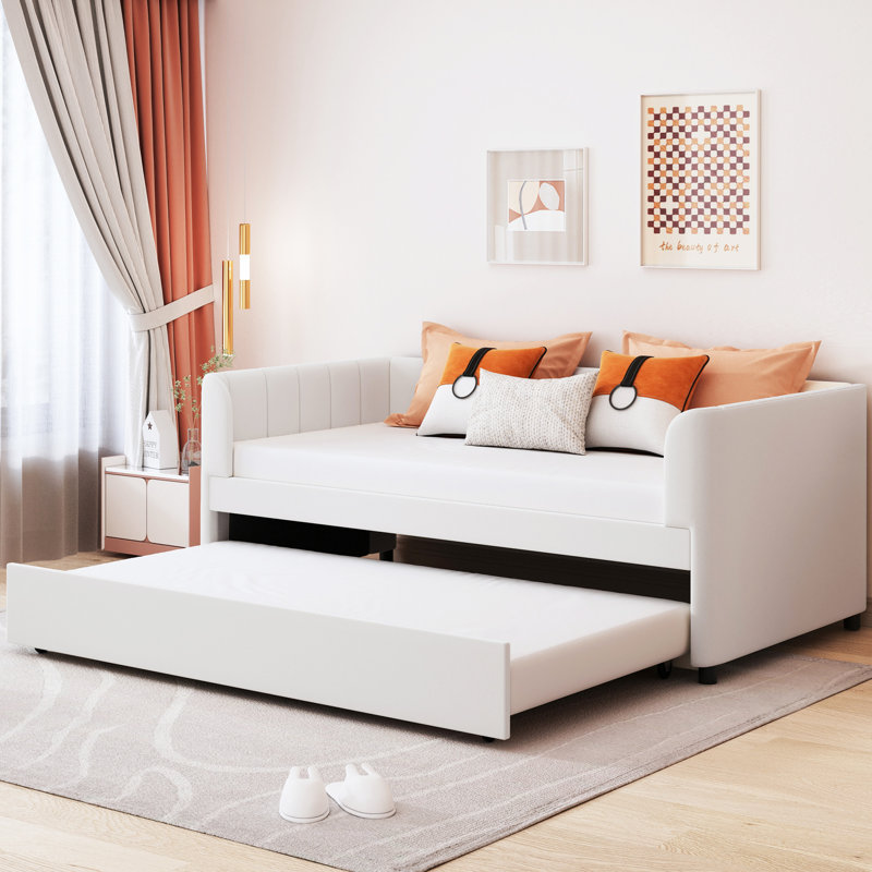 Twin Daybed With Beige Cover And Ergonomic For A Relaxing Nighttime Experience Trundle Detachable Portable Storage, Beige