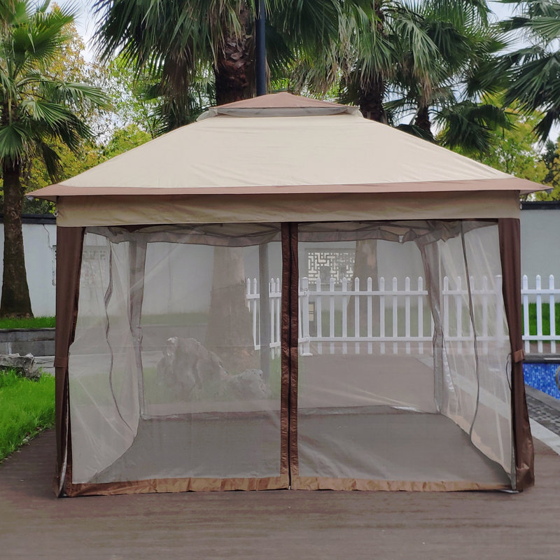 Pavillon de jardin escamotable 11X11FT, moustiquaire pour l'extérieur avec double toit (café), Café