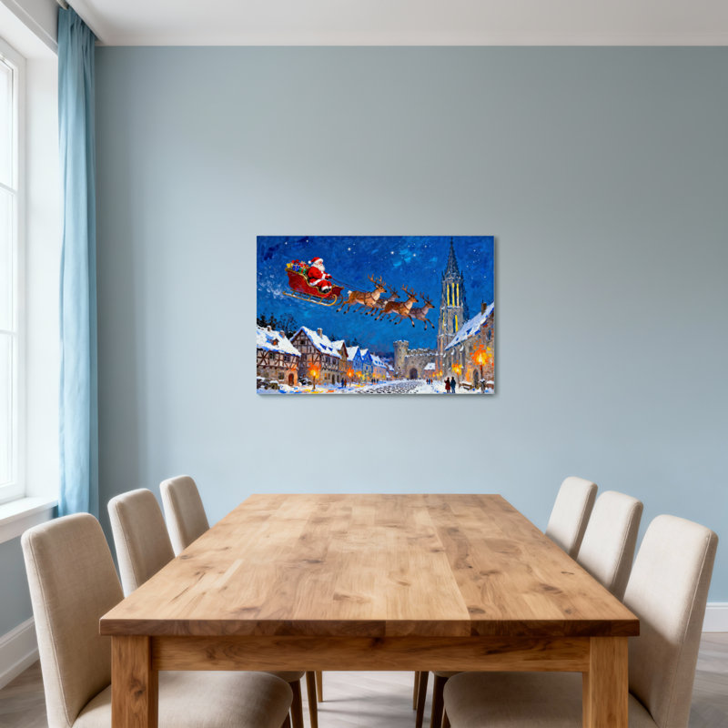 Noël père Noël survolant la ville enneigée
