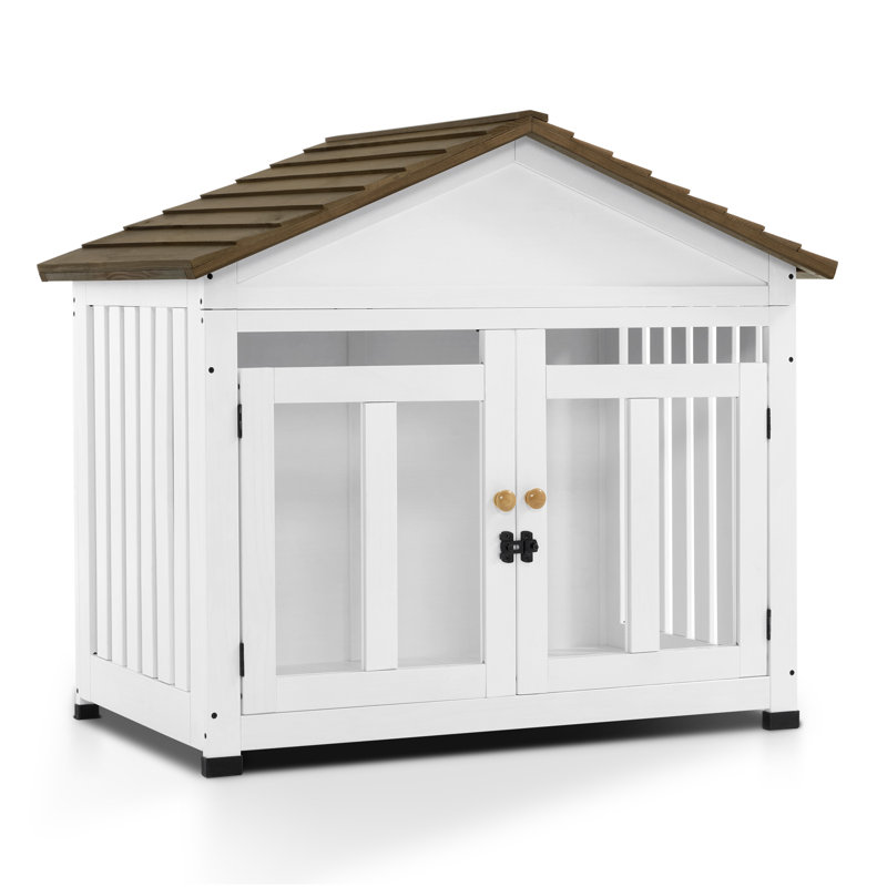 Medium White and Brown Wooden Dog House Furniture