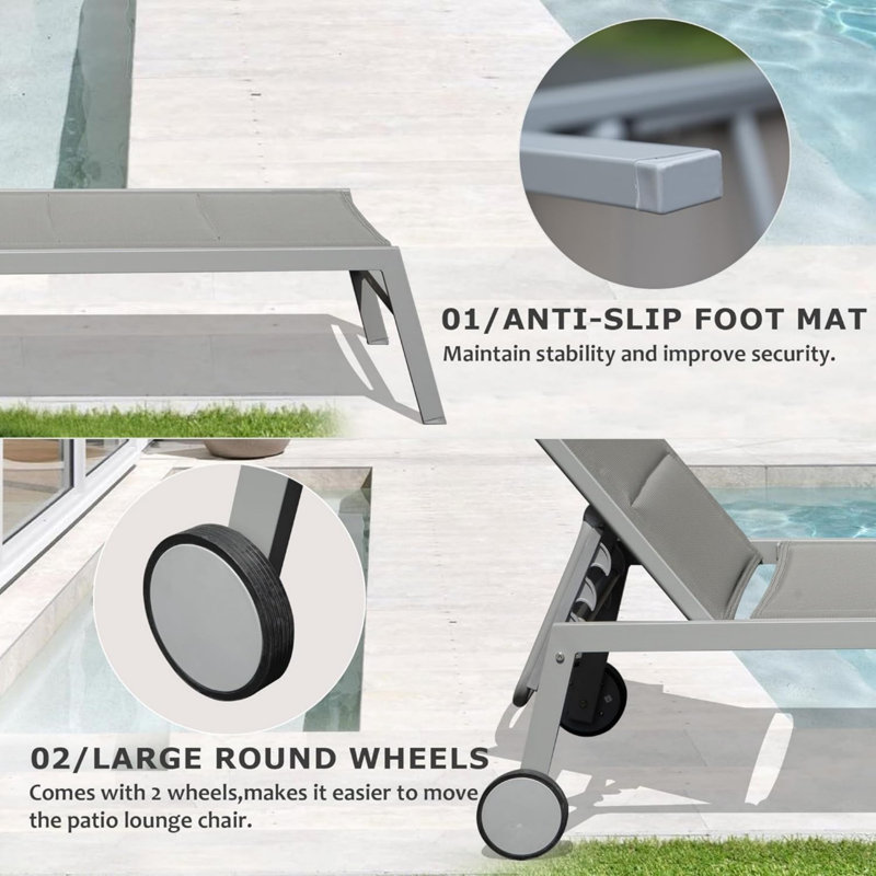 Outdoor Adjustable Backrest Leisure Recliner (Set of 2 Chairs with Table), Grey