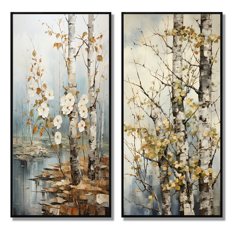2 pièces sur toile - Symphonie sycomore arbre gris blanc, Cadre noir, H 40 po x l 40 po