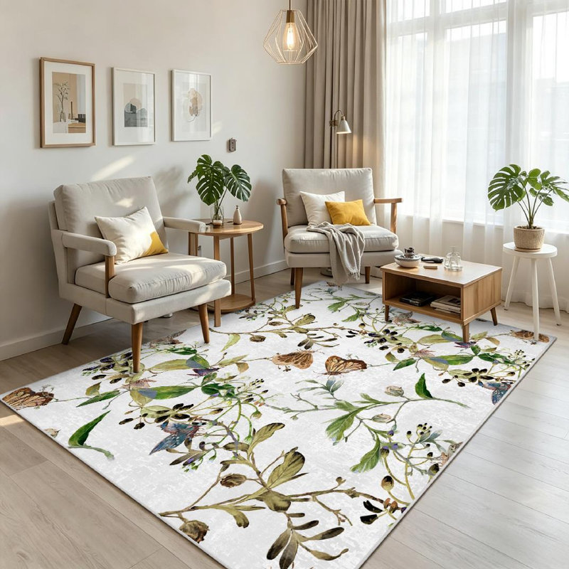 Green Colorful Abstract Watercolor Painting Leaf Flowers Tropical Machine Washable Indoor Area Rug, Rectangle 71" x 98"
