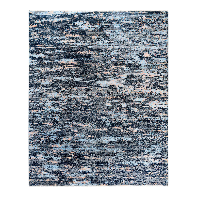 Tapis noué à la main de conception unique Ikat - bleu, 8 pi 2 po x 10 pi 0 po