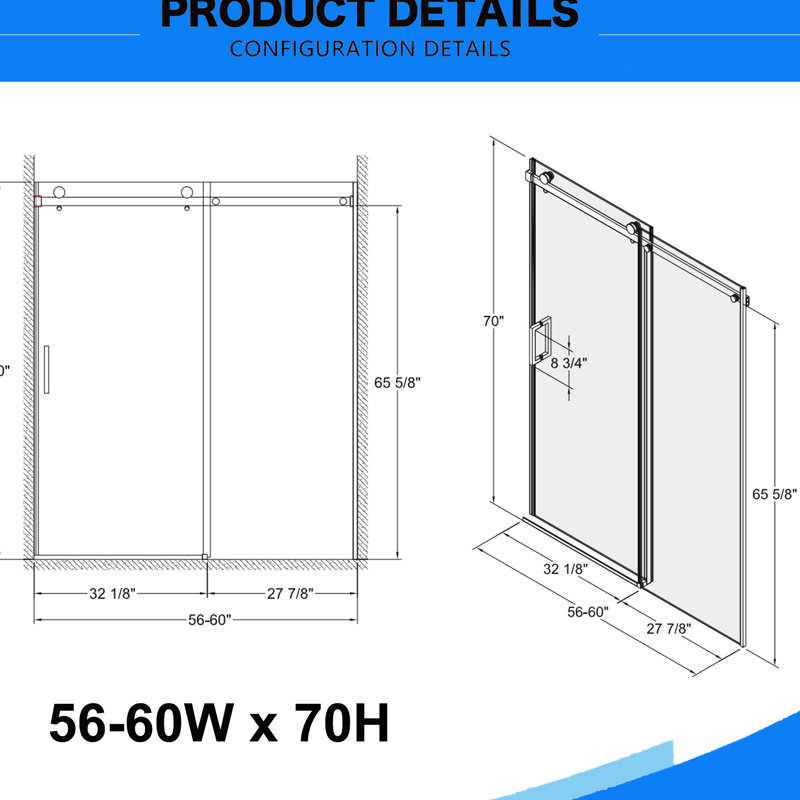 Porte de douche coulissante de 56 à 60 pouces de large et 70 de haut avec verre trempé de 5/16 po 8 mm et double face pour un mouvement sans effort 56 po x l 70 po x H 70 po