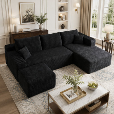 Canapé modulaire 95 po avec 1 repose-pieds Cloud, fauteuils rembourrés minimalistes modernes, canapé confortable en forme de U pour le salon, canapé d'angle à siège profond, aucun assemblage requis, noir (tissu en velours côtelé moelleux)