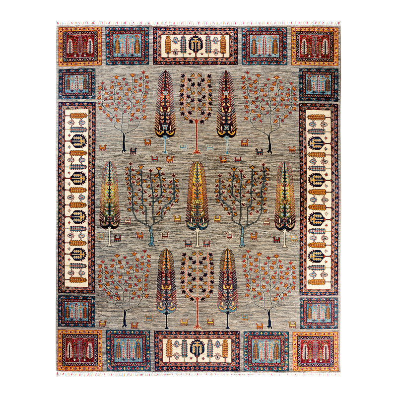 Tapis noué à la main de conception unique Tribal - beige, 8 pi 2 po x 9 pi 10 po