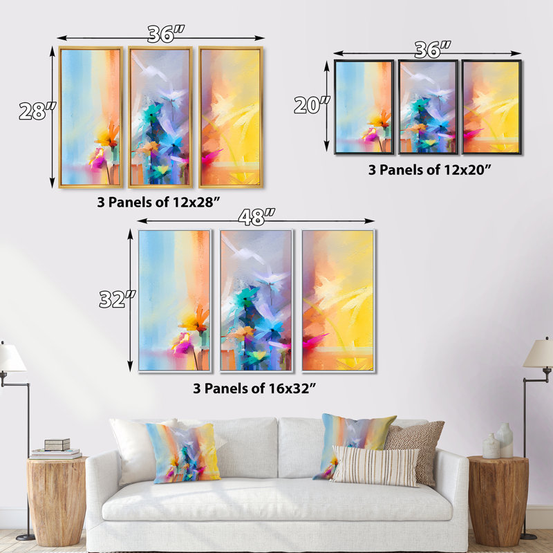 «Painted Pastel Flowers in Yellow Red and Blue II», ensemble de 3 reproductions sur toile flottantes, Noir, noir, noir, noir