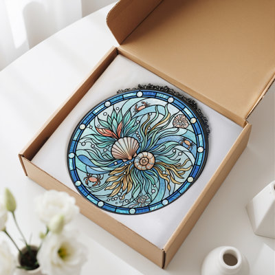 Ocean Shell Stained Glass Window Panel，12"H