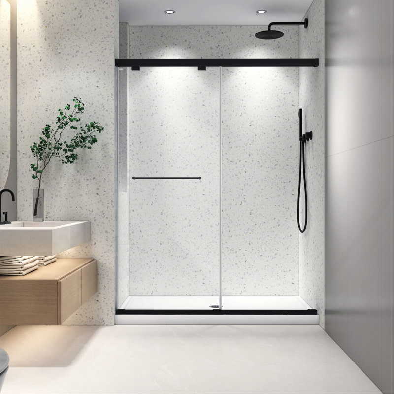 Porte de douche coulissante double sans cadre 76 po, cadre noir mat avec fermeture en douceur, verre trempé Nano de 8 mm facile à nettoyer, membrane antidéflagrante pour salle de bain