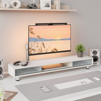 Long Monitor Stands Riser for 2 Monitors with Sliding Door