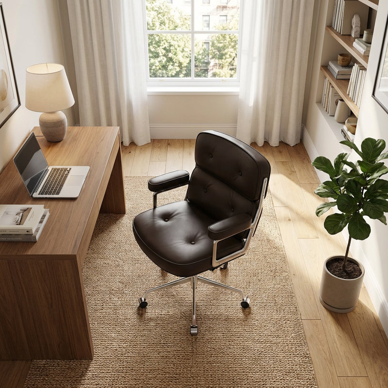 Chaise de bureau en cuir véritable, Brun / Argenté