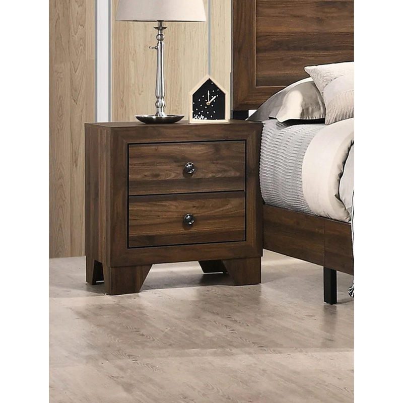 Table de chevet à finition brun cerisier avec 2 tiroirs et 2 en métal, décor pour