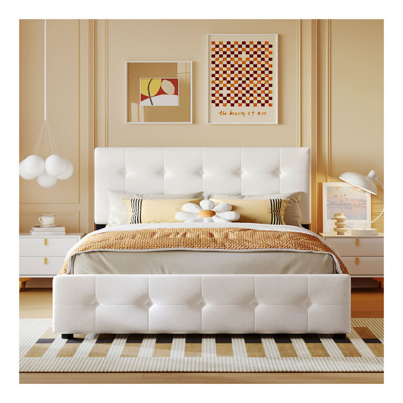 Lit plateforme tapissier avec tête de lit classique et 4 tiroirs, aucun sommier nécessaire, tissu en lin, grand lit blanc