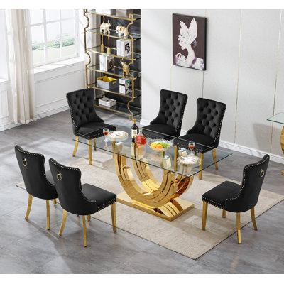 Modern Glass Dining Table Set, Clear Glass Dining Table with Stainless Steel Pedestal & Dining Chairs, 70" Rectangle Dining Room Table and Chairs Set, Luxury Kitchen Table Set