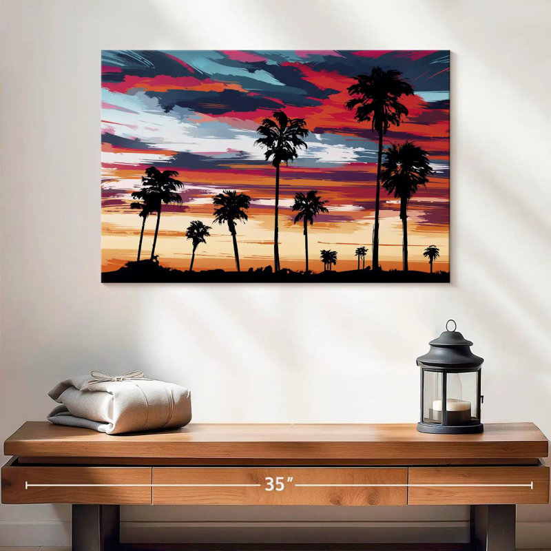 Silhouette de palmiers au coucher du soleil, H 16 po x l 24 po