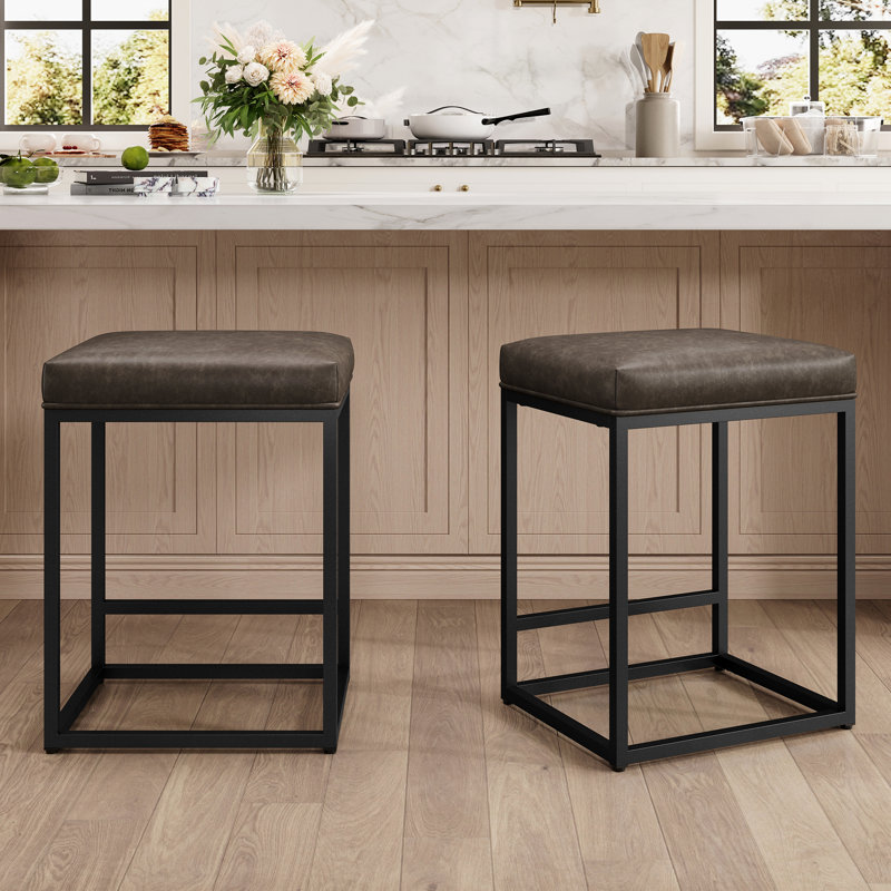 Borough 24'' Dark Taupe Modern Kitchen Counter Stool with Upholstered Faux Leather & Footrest, 2, Dark Taupe Seat/Black Frame
