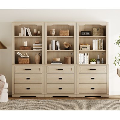 Laziza 3 Column 3 Tier Bookcase With Drawer,73.3" Tall Floor Standing Bookshelf,Modern Farmhouse Display Storage Cabinet With Adjustable Shelves