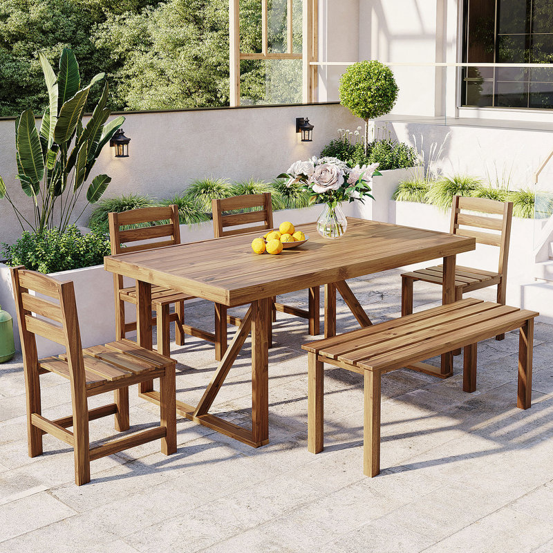 Acacia Wood Outdoor Dining Set (1 Table + 1 Bench + 4 Chairs) For Patio, Balcony, Backyard, Natural Wood