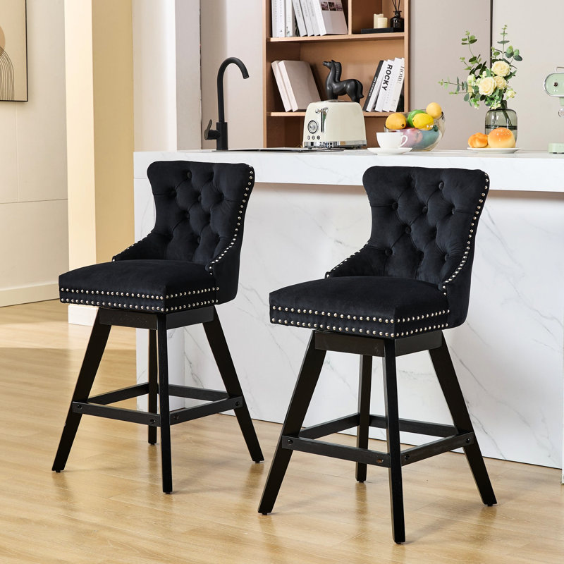 360-Degree Rotating With Velvet Upholstery, Button Design, Wooden Legs, Nailhead Trim, Soft Foam & Steel Spring Padding, Curved Back, Black, 2 Chairs For Dining Room , 360 Swivel Seat Cushioning,