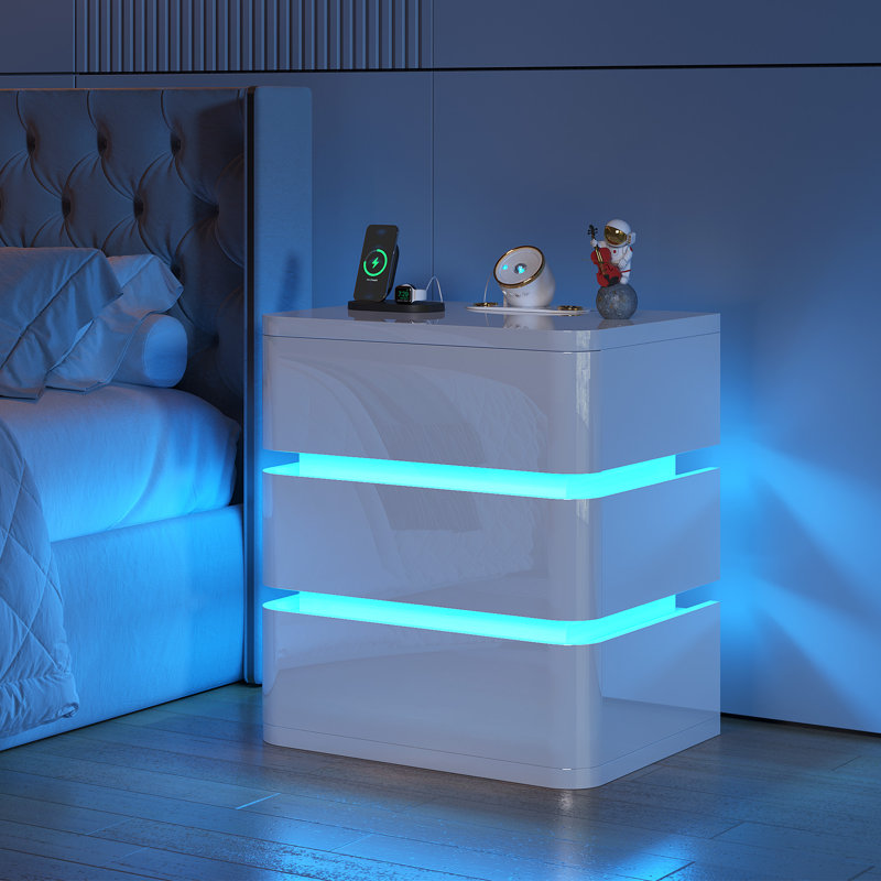Fully Assembled 3-Drawer Nightstand with Charging Station and Motion Sensor RGB Light, Curved Profil, White