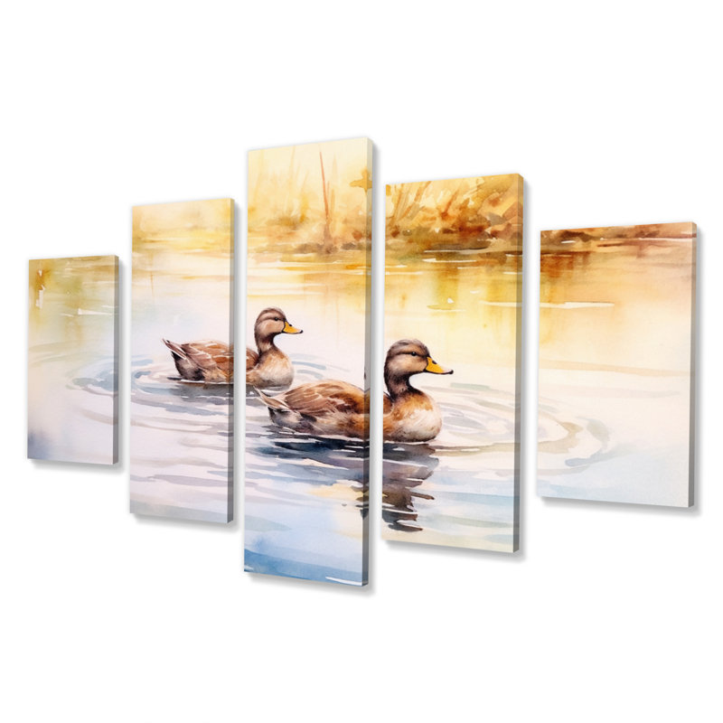 Ducks In Pond V - Art mural sur toile animaux - 5 panneaux
