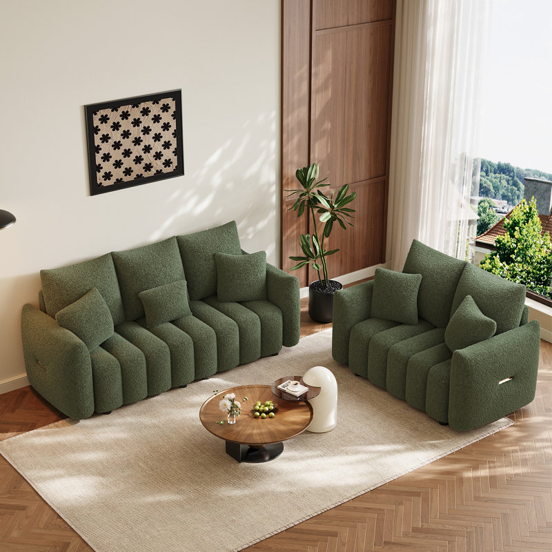 2-Piece Teddy Fleece Upholstered Sofa Set, Green