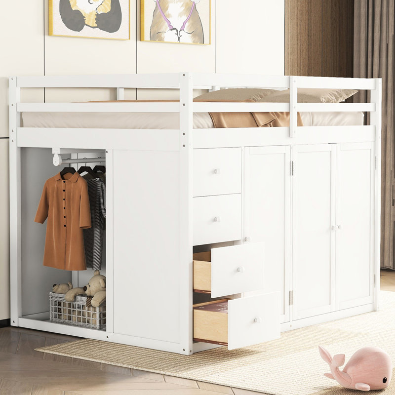 White Solid Wood Loft Bed With Ample Storage - Stylish & Practical Modern Functional Systems Optimize Your Bedroom Layout