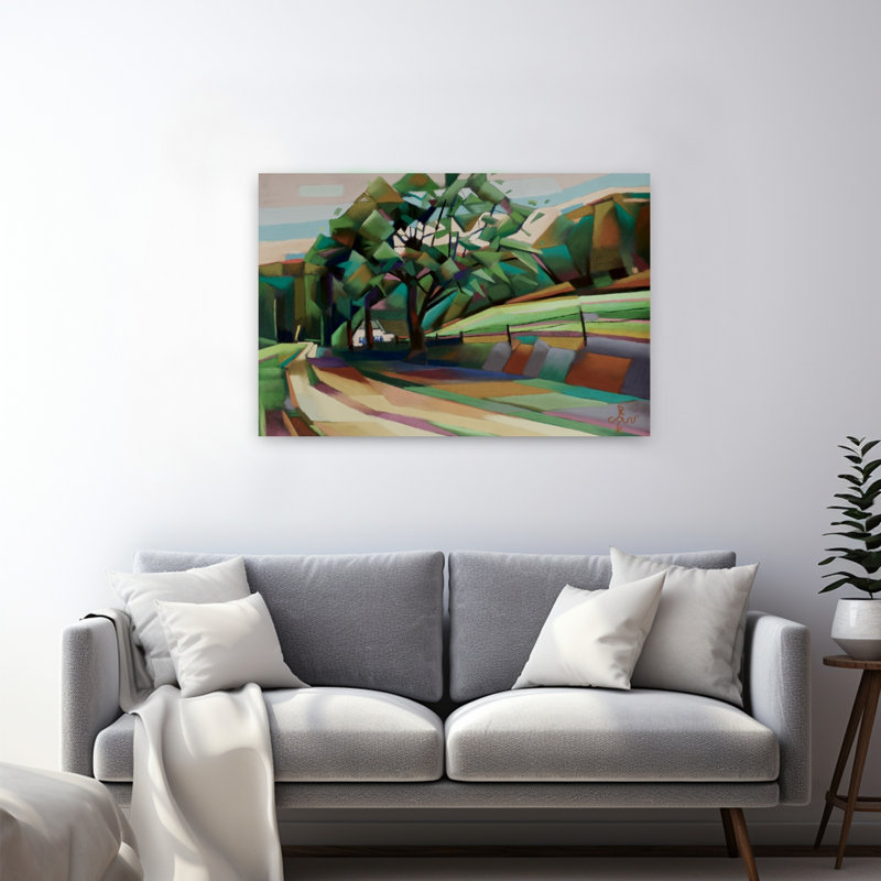 Illustration murale abstraite et colorée représentant une route de campagne géométrique, un paysage naturel.