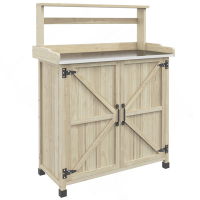 Banc de rempotage Outsunny, table de rempotage en bois pour l'extérieur avec armoire de rangement avec 2 tablettes, banc de jardin avec plateau en placage galvanisé pour la cour arrière, balcon, naturel