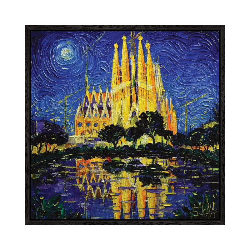 Sagrada Familia Barcelona Mirrored by Mona Edulesco - Painting on Canvas, 66.04cm H x 66.04cm W x 3.81cm D, Black Framed