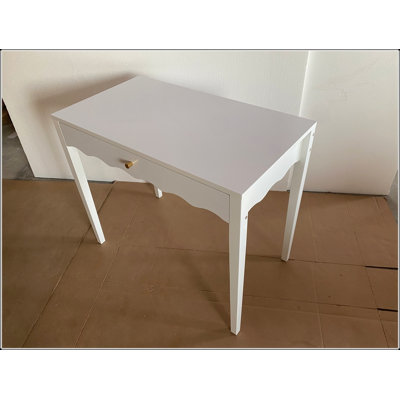White 35.43 Inch Vanity Desk with with Scalloped Front and Gold Knob for Small Spaces