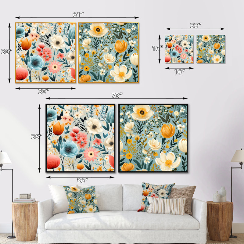 Alpharetta - Ensemble de 2 collages carrés floraux, H 16 po x l 33 po, Cadre flottant blanc