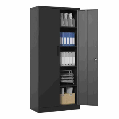 72"H Black Metal Garage Storage Cabinet 4 Shelves Lockable Doors