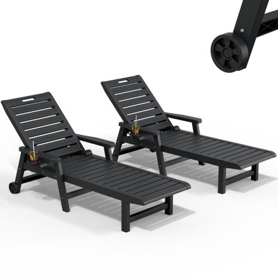 HDPE Chaise Lounge Chair Set of 2 – 5-Position Adjustable Reclining Backrest with Wheels & Cup Holder, Weather Resistant Outdoor Pool Chairs