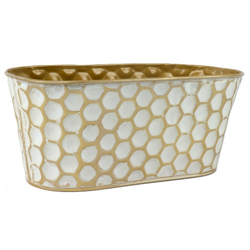 Seau en nid d'abeille blanc délavé blanc et or métallique, H 5,13 po x l 9,75 po x P 4,25 po