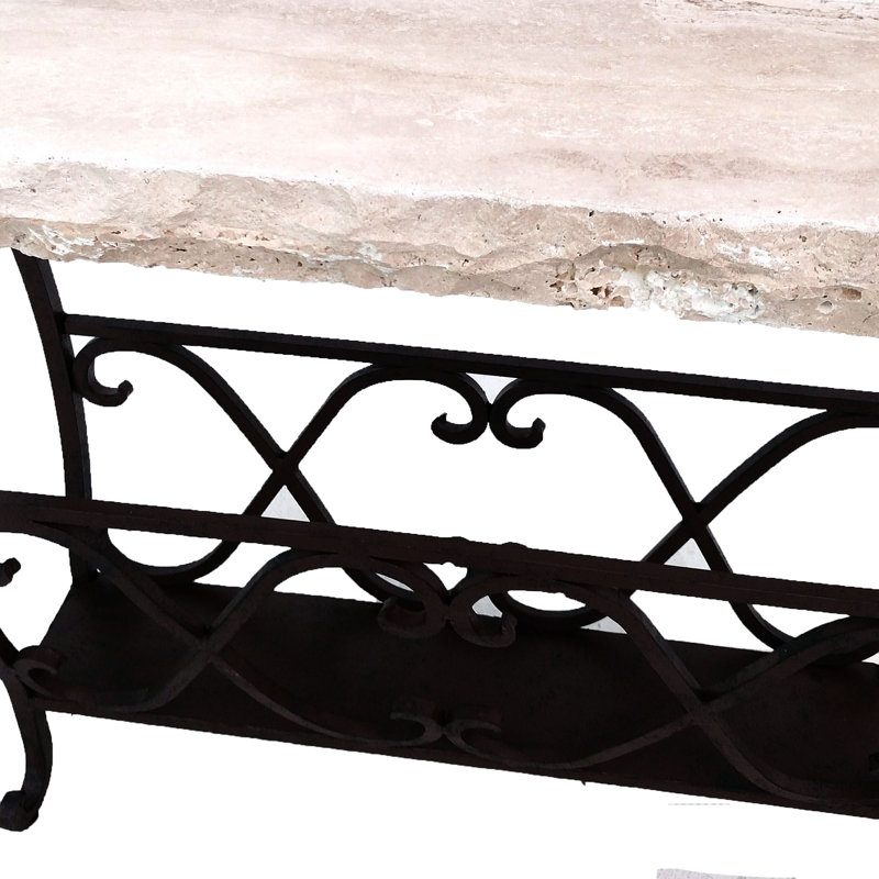 High End Wrought Iron Accent table with Cream Travertine top with Chisel Edge