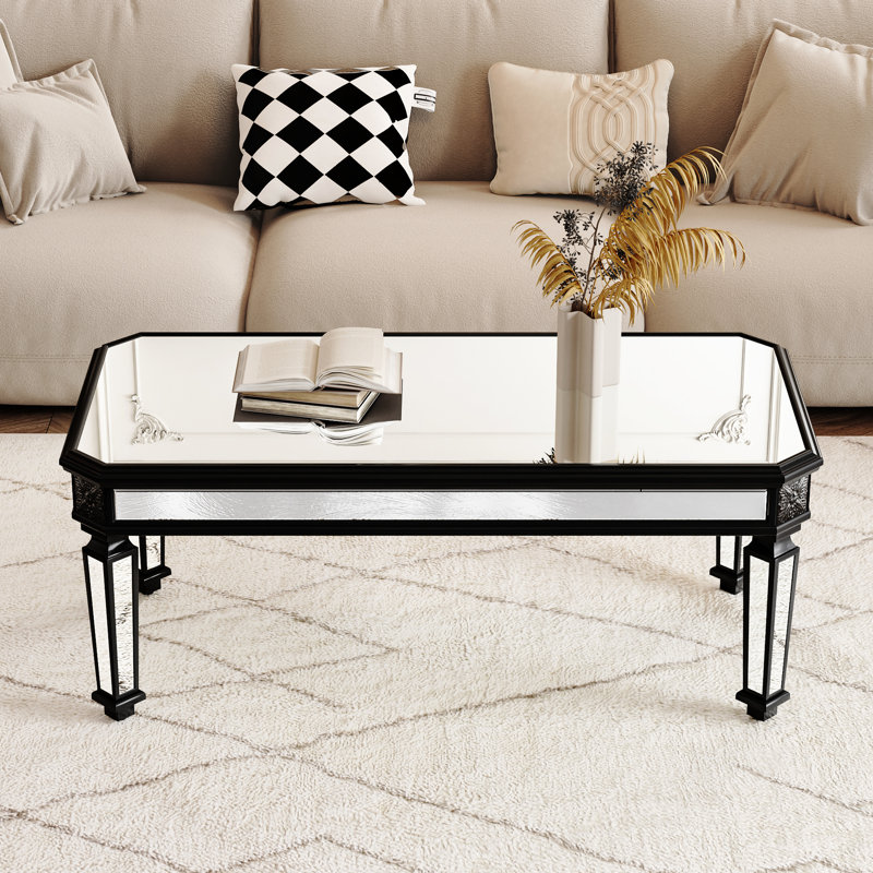 Table basse rectangulaire avec finition miroir argentée et accents noirs rétro, élégante pour le bureau du salon, l 23,6 po x P 48 po H 18,5 po, facile à nettoyer