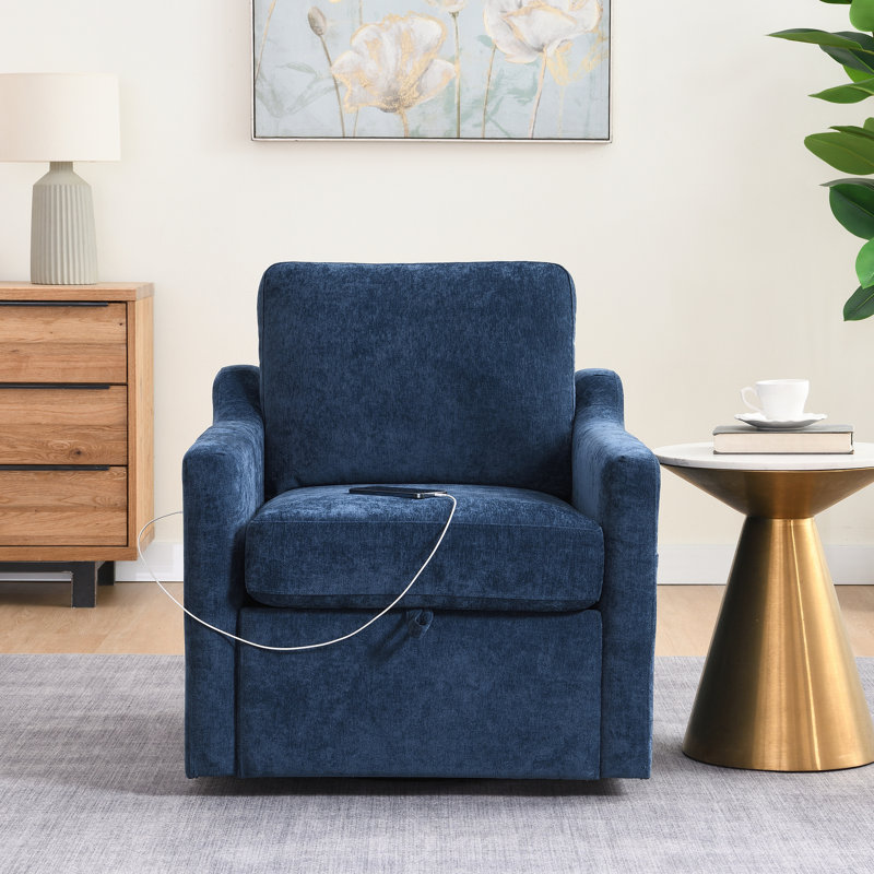 Chaise pivotante bleu marine 360 avec chenille douce, décor pour le salon, la chambre à coucher, le bureau, + Type - C sur le bras, poche pour livres et rangement sous le coussin, 1 pièce, revêtement en chenille confortable
