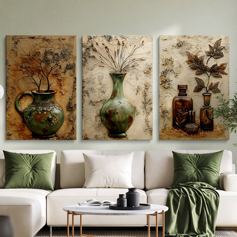 Tableau moderne rustique en trois parties, motif de feuilles d'érable et bouteilles brunes, sur toile, 40 x 90 cm (16 x 36 pouces), idéal pour la chambre ou le salon.