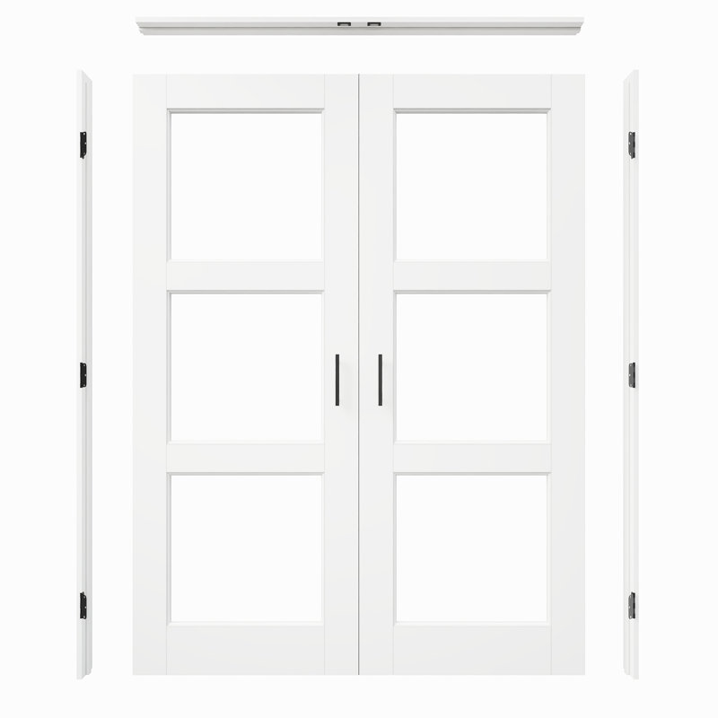 Portes françaises d'intérieur apprêtées en verre transparent blanc 80 H 3-Lite H 80 po avec loqueteau noir et quincaillerie d'installation / poignées