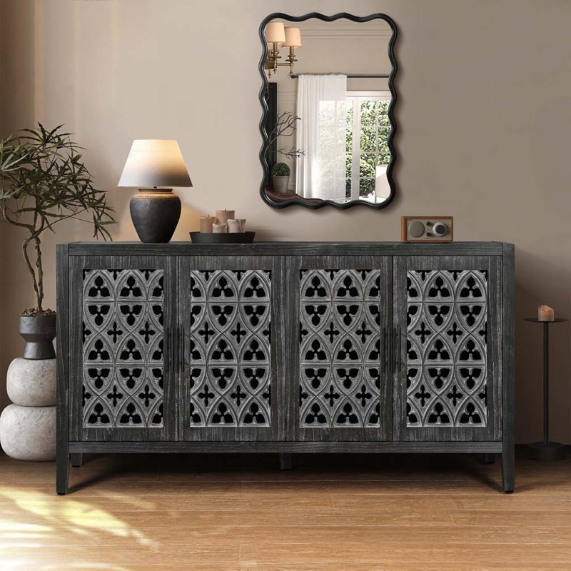 Crédence d'armoire de cuisine 59,8 po avec 4 portes losanges à motif convexe et 2 tablettes, Noir antique