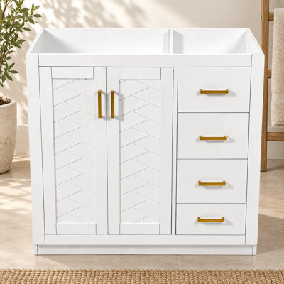 Meuble-lavabo autoportant de 90,8 cm (35,74 pouces) sans lavabo, structure en bois massif, 3 tiroirs et portes à fermeture amortie, blanc moderne
