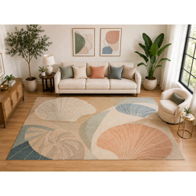 Tapis d'intérieur « ultra fin » grand format (201 x 300 cm) à motif coquillage côtier, doux et à poils courts, avec envers antidérapant en silicone, pour salon et chambre, beige et bleu.