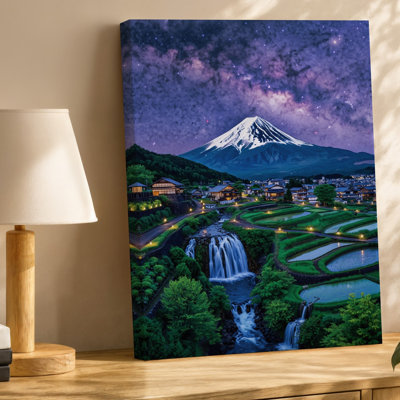 Canvas A Serene Japanese Landscape At Twilight Featuring A Majestic Snow Wall Art Capped Mountain In The Background Under A Dramatic Canvas Wall Art