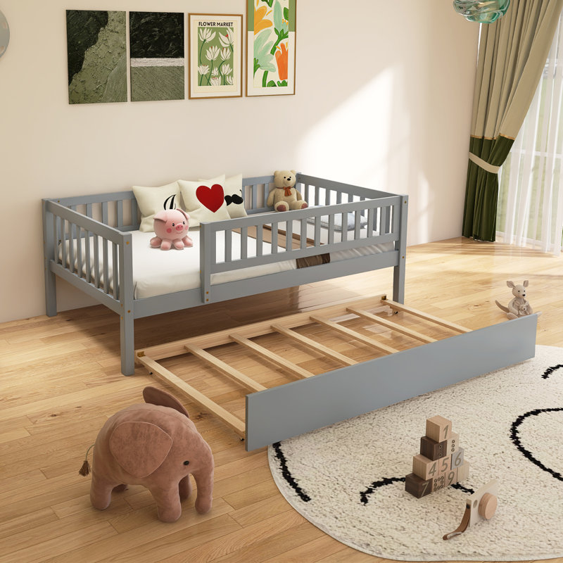 Wood Daybed With Trundle And Fence Guardrails, Gray, Twin